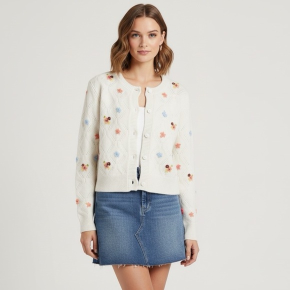 English Factory Sweaters - English Factory Floral Handmade Embroidery floral knit Cardigan pointelle